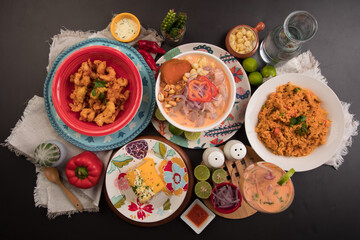 Fototapeta na wymiar Sea food ceviche Assorted food plates Peru traditional comfort food buffet table