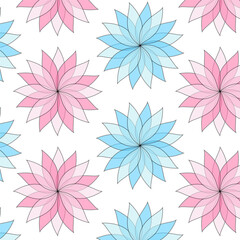 Blue and pink flowers on a white background repeating pattern