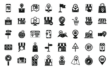 Store locator icons set simple vector. Office travel. Area map