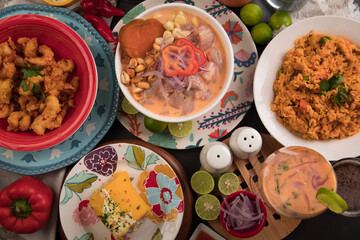 Sea food ceviche Assorted food plates Peru traditional comfort food buffet table