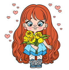 Cute cartoon long haired girl holds in hands a large spring bouquet of tulips color variation for coloring page on white background