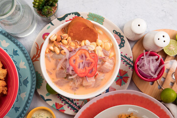 Ceviche cebiche de pescado Sea food ceviche Assorted food plates Peru traditional comfort food buffet table