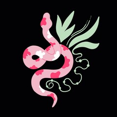 snake with plants and flowers.Beautiful pink snake. Leaves and plants.Pattern with leaves and snake.Background with snake