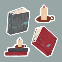 Collection of books,stack of books,collection of stickers with books.Vintage books.Collection of different books.Books with bookmarks