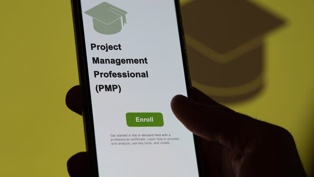 Project management professional (PMP) program. A student enrolls in courses to study, to learn a new skill and pass certification. Text in English.