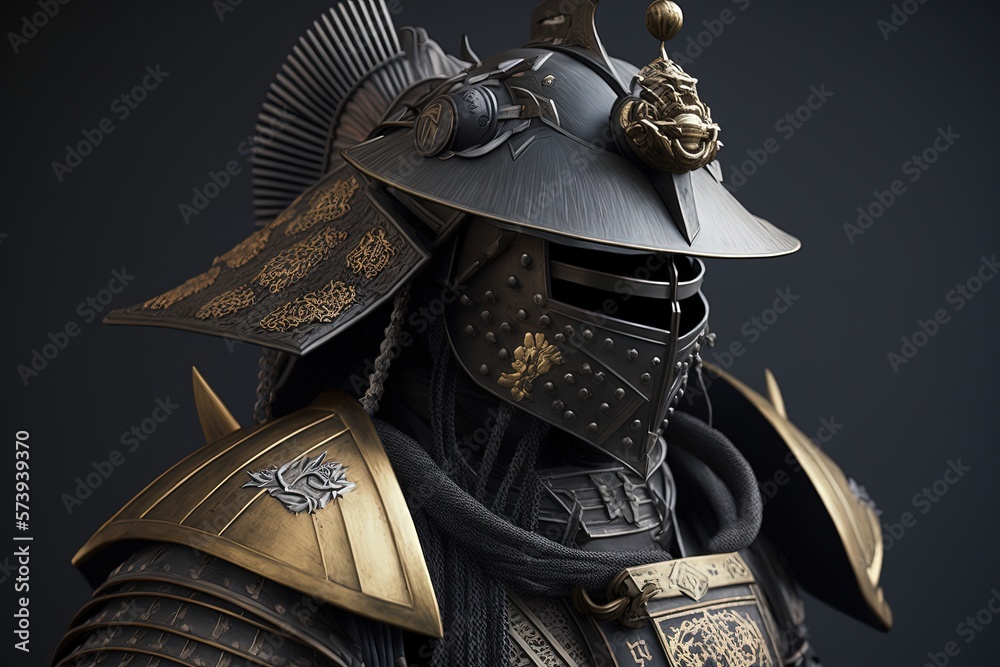 Wall mural Gloomy samurai warrior with armor, black background. Generative AI