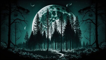 forest at night with the bright moon and trees in an enchanting landscape