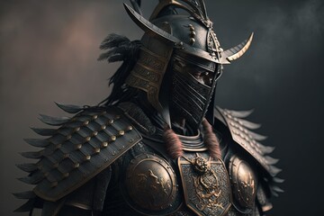 Gloomy samurai warrior with armor, black background. Generative AI