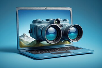 Illustration of binoculars on laptop screen, blue background. Generative AI