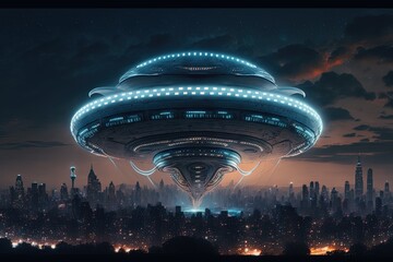 Fototapeta na wymiar Giant alien ship over city, night landscape. Generative AI