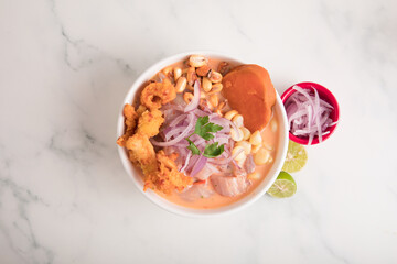 Cebiche ceviche fish Sea food ceviche Assorted food plates Peru traditional comfort food buffet table