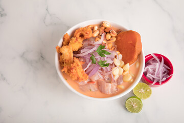 Cebiche ceviche fish Sea food ceviche Assorted food plates Peru traditional comfort food buffet table