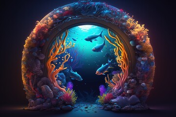 Mystical portal at the bottom of the ocean, coral fish, marine life. Generative AI