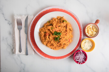 Arroz con mariscos Sea food ceviche Assorted food plates Peru traditional comfort food buffet table