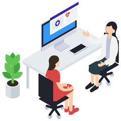 診察・説明をする女性医師と患者のアイソメトリックイラスト