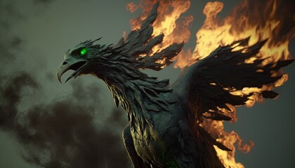  a large bird with a green eye surrounded by fire and smoke.  generative ai