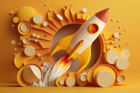 Rocket made from paper cutout, startup concept, yellow background. Generative AI	