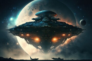 Giant alien ship over city, night landscape. Generative AI