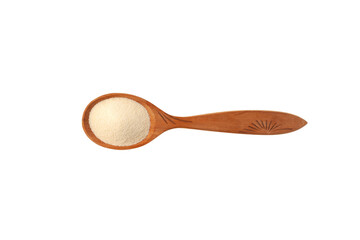 Semolina in wooden spoon on white background, top view. Design element, copy space