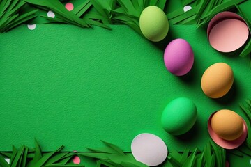 Naklejka na ściany i meble a green background with several colored eggs and palm leaves on it. generative ai