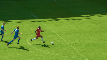 Soccer Football Match Event on a Major World Championship: Black Forward Attacks, Playing Pass, Dribbling. International Tournament Cup. Live Sport Channel Broadcast Television Concept.