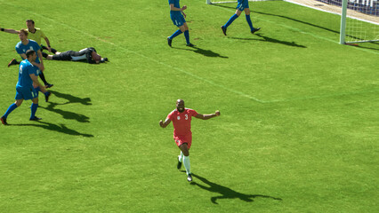 Football Championship: Red Team Forward Shoots: Kicks the Ball and Scores the Goal. Goalkeeper...