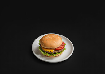 Tasty Cheeseburger sandwich on dark background, Burger close-up with big copy space. Studio Shot of Hamburger on a white plate. Generative AI.