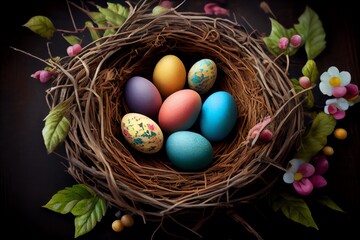 Fototapeta na wymiar colorful easter nest with easter eggs. Generative AI