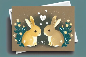 Cute bunny illustration with heart. Spring bunnies greeting card. Generative AI