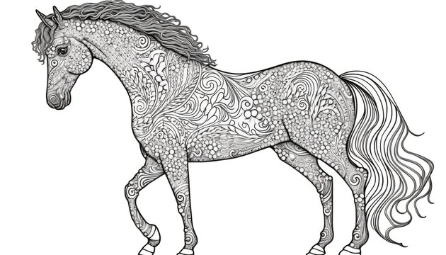 a cute coloring book for children that is still black and white, but waiting for colors and then it will become a wonderful colorful horse