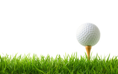 Golf ball with tee on green grass isolate on white background.