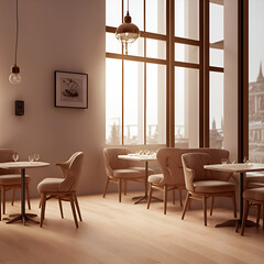 Fototapeta premium Illustration of a fancy modern coffee shop in the morning. Equipped with luxurious furniture and decorations. Has a large window to provide a comfortable view to customers.