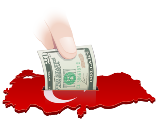 3D map of Turkey in the colors of the Turkish flag with the crescent and the star with a slot in which a 20 dollar bill is inserted by a hand (cut out)