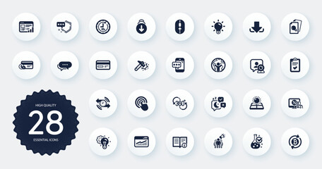 Set of Technology icons, such as Online shopping, Video conference and Hammer blow flat icons. Payment method, Light bulb, Refresh bitcoin web elements. Click, Website statistics. Vector