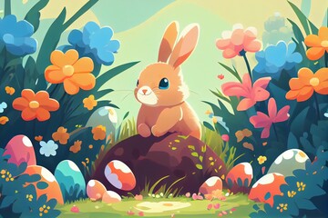 Cute little rabbit with Easter eggs in flowers meadow. illustration. Generative AI
