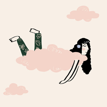 Vector illustration of woman in pink cloud