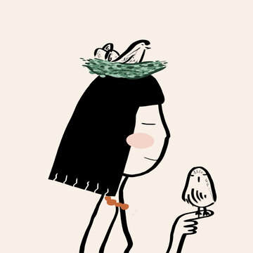Vector illustration of naked woman with bird nest on head