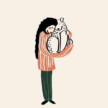 Vector illustration of woman embracing dog