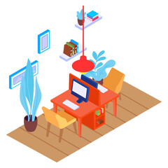 coworking space workstation isometric concept, self sustainable Office vector color icon design, Green Office symbol, Eco Friendly Workspace sign, Modern furnishing element stock illustration 