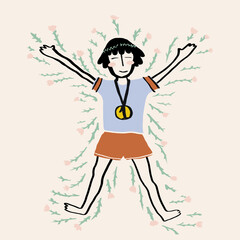 Vector image of winner with medal on pink background