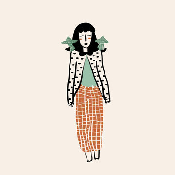 Vector illustration of woman with birds on head