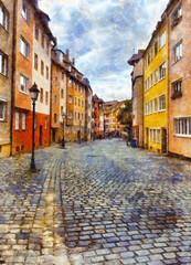 Fototapeta na wymiar Picturesque town street with colorful medieval buildings in Nuremberg, Bavaria, Germany. Digital imitation of oil painting.