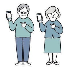 スマホを操作する男性と女性のシニアのイラストセット素材　おじいちゃん　おばあちゃん　ブルー