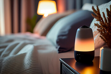 Aroma oil diffuser on table against in minimalist bedroom interior background. Generative AI.