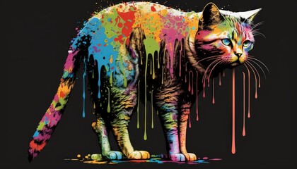  a multicolored cat standing in front of a black background.  generative ai