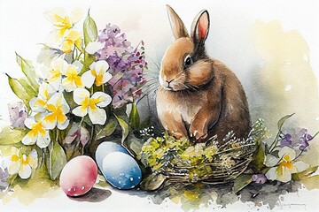 Easter bunny. flowers and eggs watercolor. Generative AI