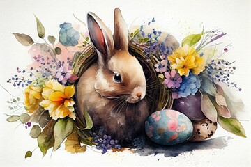 Easter bunny. flowers and eggs watercolor. Generative AI