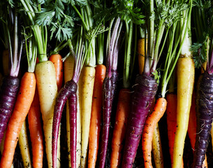 Juicy colored carrots on black background