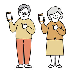 スマホを操作する男性と女性のシニアのイラストセット素材　おじいちゃん　おばあちゃん　イエロー