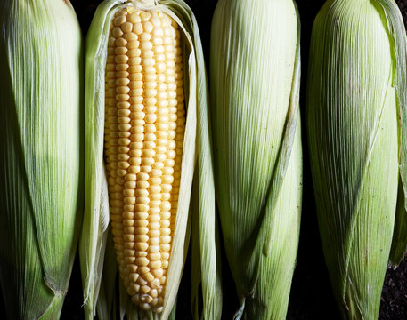 Ripe raw corns placed on soil in daylight